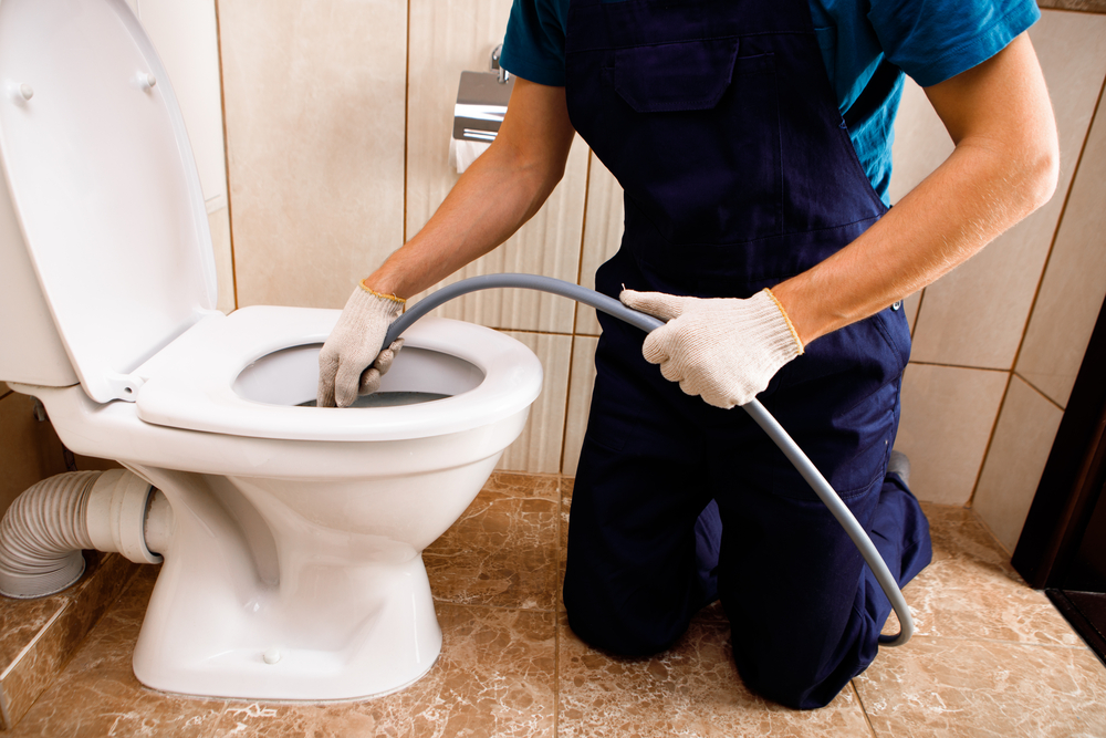 plumber unclogging blocked toilet